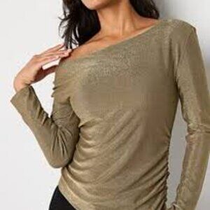 NWT Stunning Worthington Gold Asymmetrical Neck Long Sleeve Blouse Top Shirt